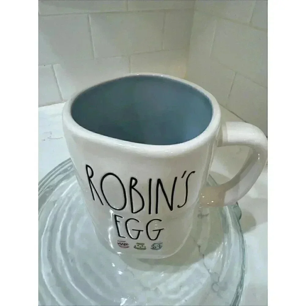 Rae Dunn Robins Egg Mug with Easter Eggs White with Blue Interior 20 Ounces
